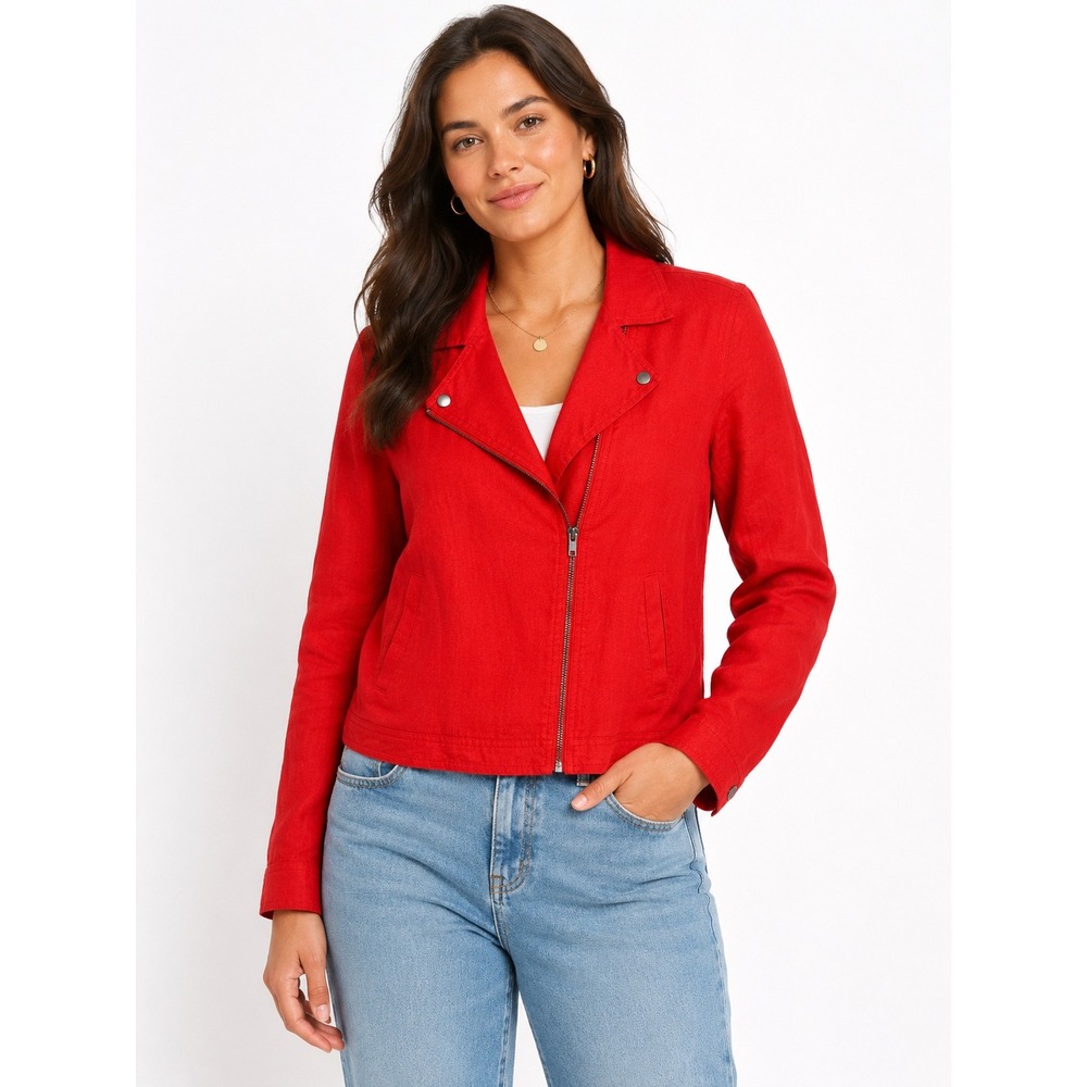 Cynthia Rowley Red‎ 100% Linen Moto Jacket Asymmetric Zip NWT Womens Size S